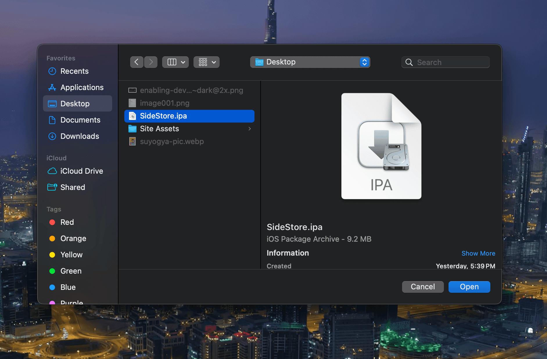 Choose the SideStore ipa file